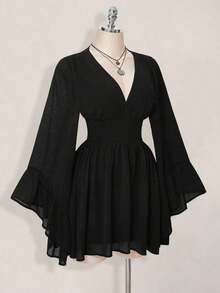 Vestido Unicolor Azul Marino – Mini, Manga Larga Farol, Cintura Fruncida con Falda Acampanada, Estilo Occidental para Primavera y Verano - Negro - Ver 4