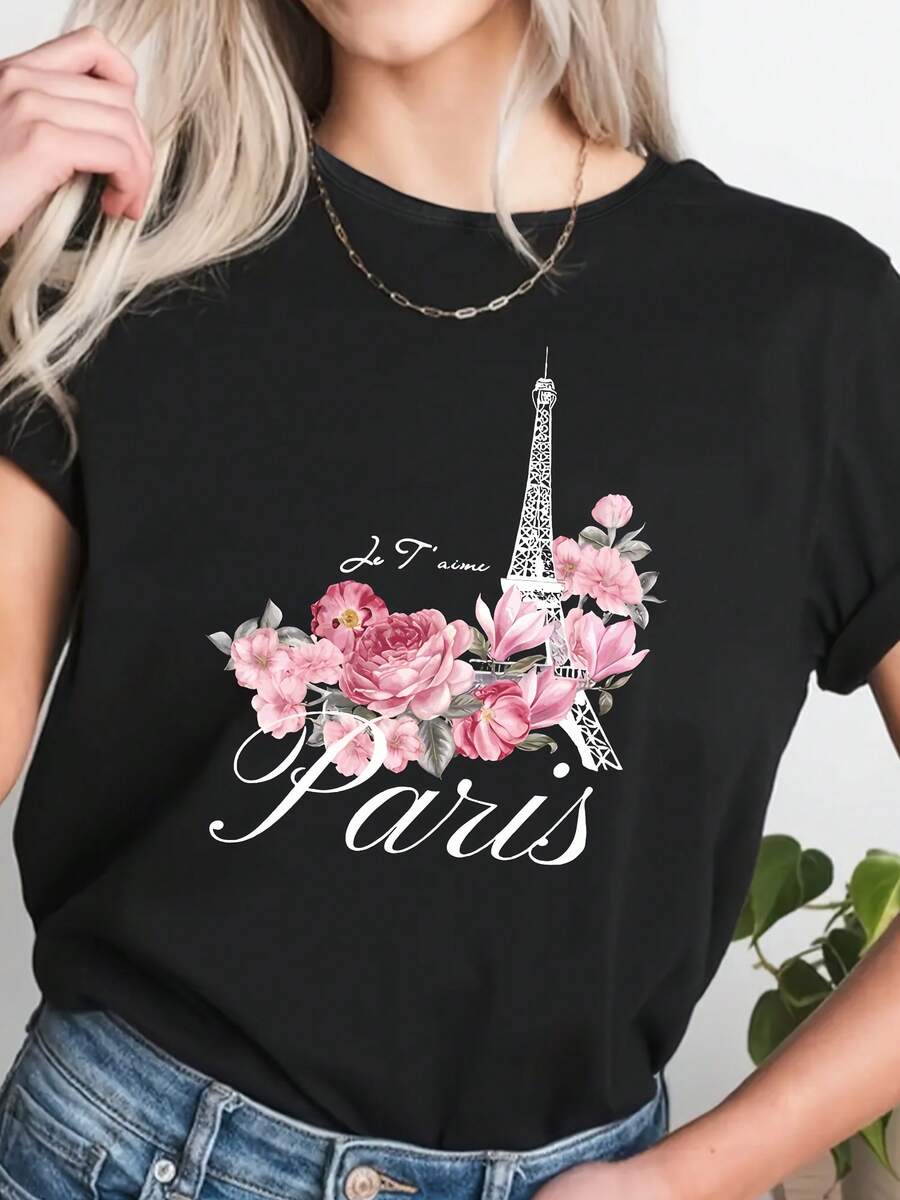 Women's T-Shirt Paris France - Eiffel Tower And French Letter Print, Casual Round Neck Short Sleeve Blouse - Parisian Icon Top For Spring And Summer Travel Or Casual Wear (Machine Washable) - 黑色 - 查看 1