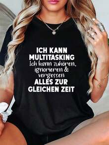 Plus Size - Women's Plus Size German Humorous Quote T-Shirt - "Ich Kann Multitasking" (I Can Multitask), Funny Print, Casual Crew Neck, Medium Stretch, Spring/Summer Fashion, Comfortable Clothing | Playful Design | Medium Stretch Fabric - 黑色 - 查看 1