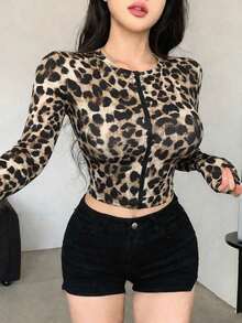 Chaqueta corta casual de verano de unicolor, de cuello redondo, de manga larga y con abertura frontal, ajustada para mujer - Marrón 6 - Ver 4