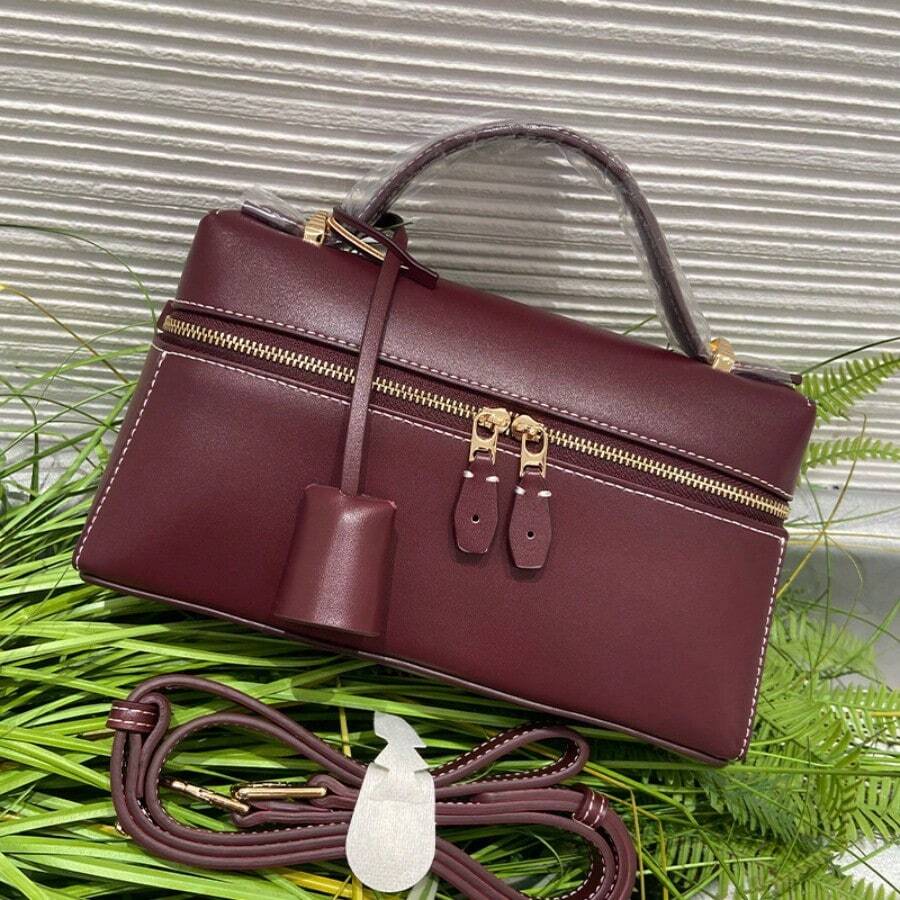 L23 Minimalist Solid Color Boxy Handbag For Women Elegant Smooth Faux Leather Top Handle Bag Luxury Design Structured Crossbody Purse With Adjustable Strap Versatile Daily Travel Satchel - 酒紅金扣(L23平紋) - 查看 1