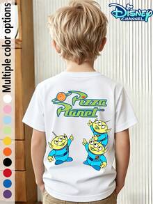 Officially Licensed Disney Casual T-Shirts For Boys And Girls. The Front Features A Mini Retro "Pizza Planet" Logo Print, While The Back Displays A Group Portrait Of The Three-Eyed Characters Along With A Themed Slogan, Recreating Classic Scenes From Toy Story Featuring The Three-Eyed And Pizza Planet. Bright Colors And Rich Details Make These T-Shirts Specially Designed For Children Who Love The Disney Toy Story IP. The Fabric Is Skin-Friendly And Breathable, Wicking Away Moisture And Preventing Stuffiness. The Crew Neck Pullover Design Makes Them Easy To Put On And Take Off, Suitable For Various Occasions Such As Theme Park Visits, Family Trips, School Outings, And Outdoor Parties. They Pair Well With Jeans, Cargo Shorts, And Sweatpants. The Print Is Durable And Washable, Meeting The Daily Wear Needs Of Children Aged 4-12 And Making A Delightful Surprise Gift For Your Child. - White - View 3