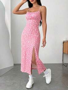 Vestido de playa para mujer con tirantes spaghetti y divisiones de tejido de punto impreso - Rosa - Ver 4