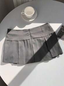 Falda plisada con detalle de cintura ancha y pliegues para el verano - Gris Oscuro - Ver 2