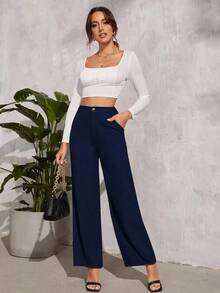 Pantalones rectos unicolor con cremallera - Azul marino - Ver 5
