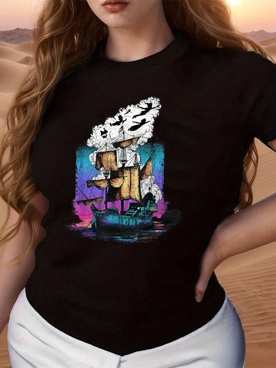 A Ship Sailing On A Calm Sea With Golden Sails That Blend Into Clouds Shaped Like Birds In Flight, Symbolizing Freedom And Endless Dreams. A Comfortable And Casual Women's T-Shirt For Everyday Wear. - 黑色 - 查看 1