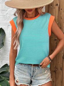 Camiseta casual de mujer con bloques de color y rayas, de verano - Multicolor - Ver 5