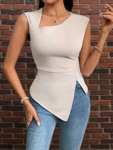 Camiseta de corte ajustado con mangas de obispo de unicolor elegante y simple para uso diario, vacaciones, fiestas y exteriores para mujeres - Albaricoque - Ver 6
