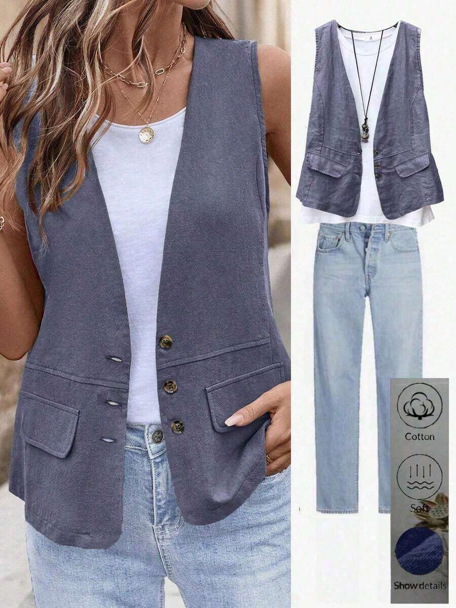 Chaqueta/chaleco casual con bolsillos y decoración de unicolor para mujer - Lavado ligero - Ver 1