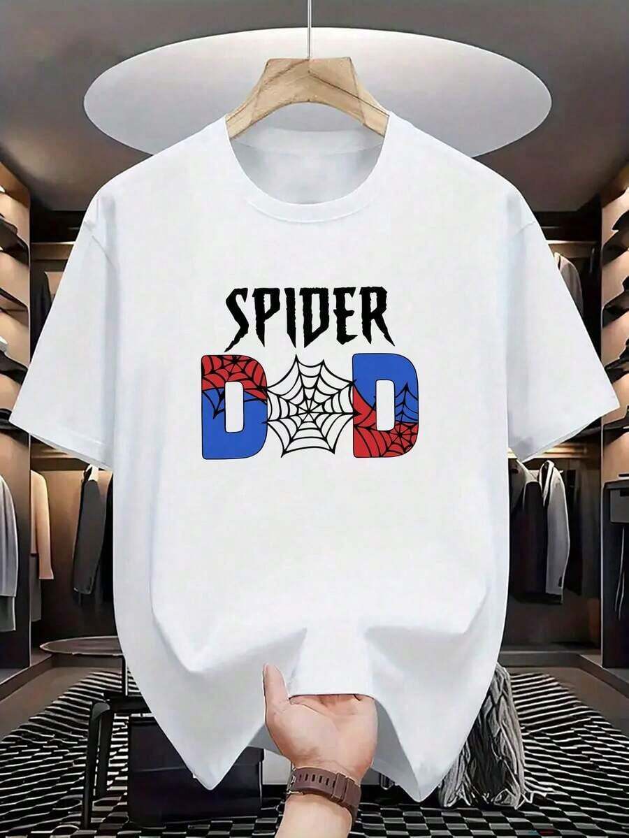 Men's Summer T-Shirt 100% Cotton, Breathable Men's Clothing Urban Style, Creative T-Shirt With Spiderweb And Daddy Spider Print, Breathable Short Sleeve Cotton T-Shirt, Loose And Soft Fit, Men's Urban Fashion, Goes With Everything. - 白色 - 查看 1