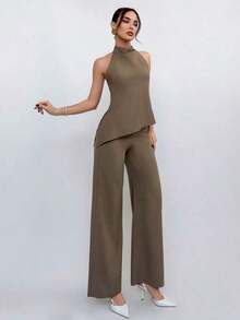 Conjunto de top halter y pantalones de color café claro, estilo sencillo para ir al trabajo - Café integral - Ver 4