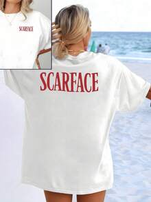 Red Text On The Front And Back Symbolizing Strength, Courage, And Determination. A Modern, Urban-Style, Double-Sided Women's T-Shirt That's Comfortable And Casual, Perfect For Everyday Wear At The Beach Or In The City. - 白色 - 查看 8