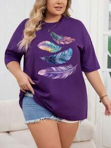 Camiseta gráfica de talla grande con estampado de plumas y hombros caídos para mujer - Morado - Ver 7