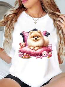 100% Cotton Pomeranian Dog Graphic T-Shirt - Soft Blend With Short Sleeves And Pink Bed & Teddy Bear Design, Machine Washable Crew Neck Top For Pet Lovers, Dog T-Shirt, Playful Style, Comfortable Material, Dog Themed Clothing, Fashion Fans - 白色 - 查看 6