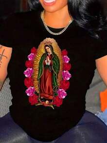 Playera camiseta gráfica dama mujer manga corta cuello redondo básica cómoda fresca ligera estampado mexicano vírgen virgencita guadalupe méxico rosas flor floral frase ruega por nosotros - Negro - Ver 1