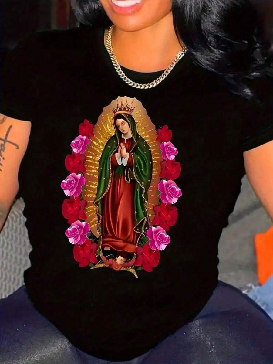 Playera camiseta gráfica dama mujer manga corta cuello redondo básica cómoda fresca ligera estampado mexicano vírgen virgencita guadalupe méxico rosas flor floral frase ruega por nosotros - Negro - Ver 1