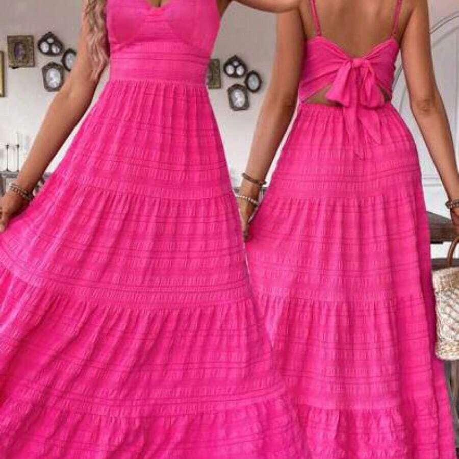 Holidaya New Vintage Floral Birthday Wedding Multi-Layer Patchwork Cute Bow Tie Dress For Women - Rosa Fucsia - Ver 1
