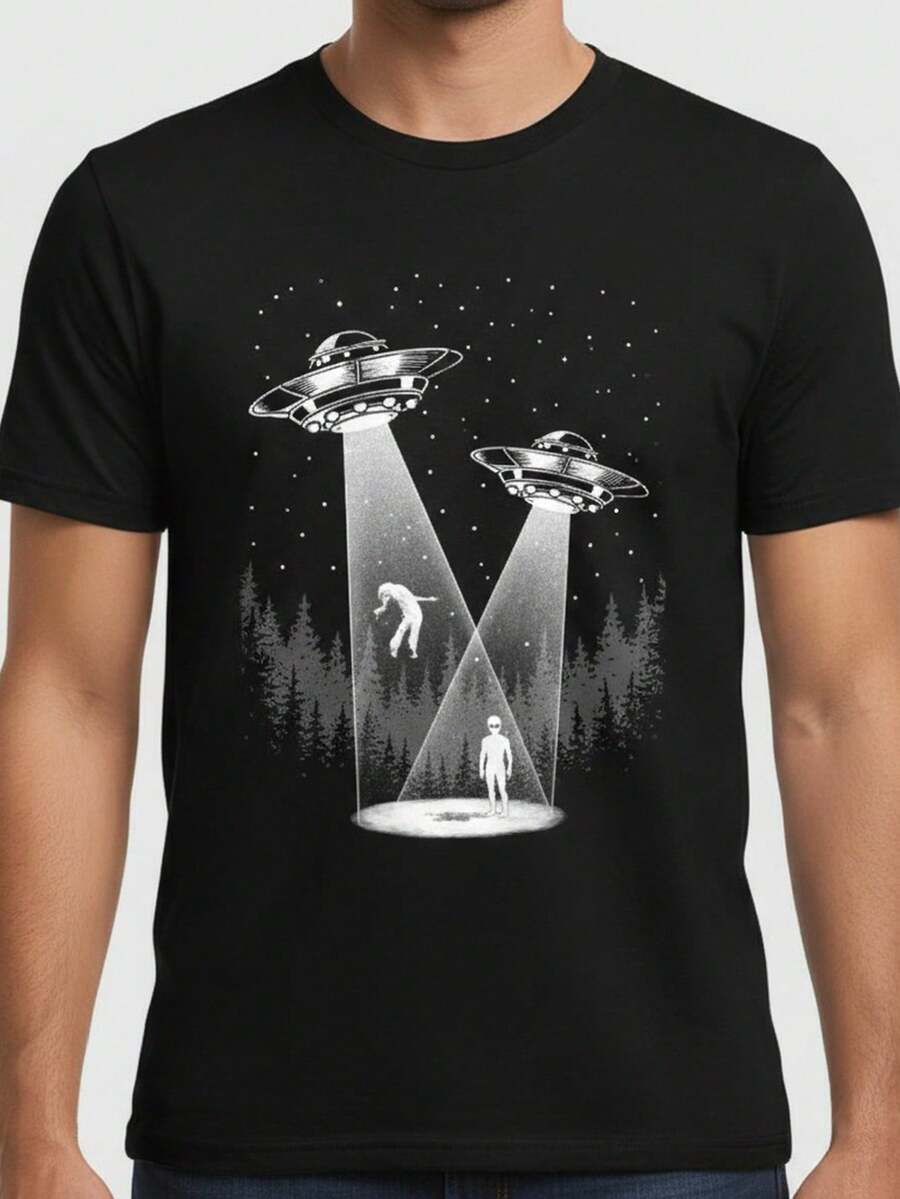 Camiseta Vintage de Abducción de Extraterrestres UFO para Hombre - 100% Algodón Transpirable y Ligero, Camiseta Casual de Manga Corta con Cuello Redondo y Gráfico de Abducción de Rayos de Extraterrestres y UFO, Negra con Estampado de UFO Blanco, Diseño Inspirado en los 80 para Fanáticos de la Ciencia Ficción, Fiestas Temáticas y Uso Casual. - Negro - Ver 1