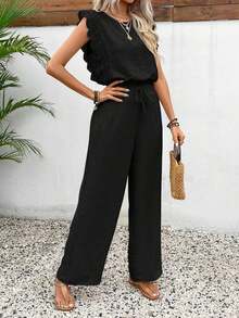 Conjunto de 2 piezas de blusa con ribete de encaje de unicolor y pantalones de pierna ancha para mujer, casual para vacaciones y viajes, primavera/verano - Negro - Ver 4