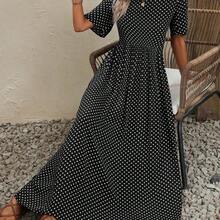 Polka Dot Print Smock Dress Maxi Women Outfit - Blanco - Ver 5