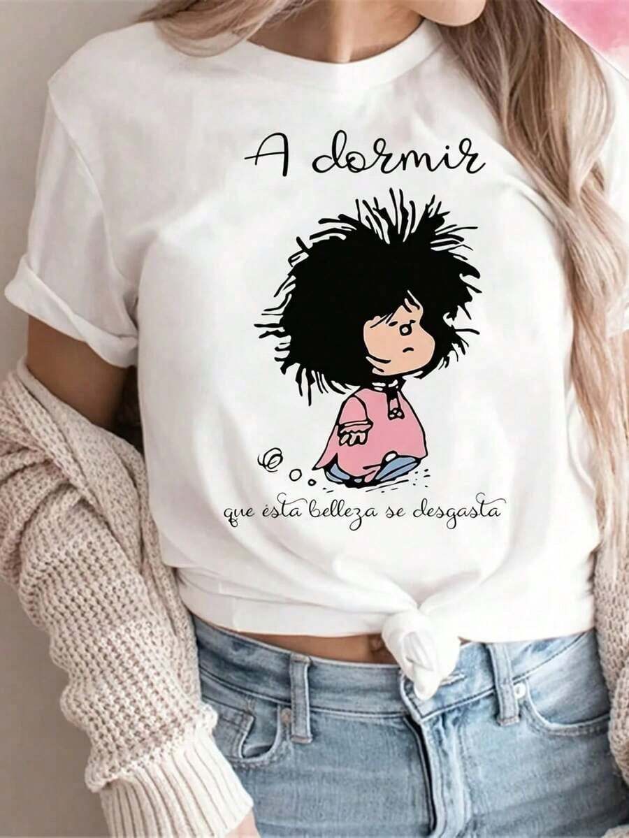 Camiseta de mujer 100% algodón con estampado temático de Mafalda. Diseño clásico minimalista de cuello redondo, fácil de combinar y adecuado para todas las formas de cuerpo. Perfecto para citas, desplazamientos diarios y salidas informales. - Blanco - Ver 1