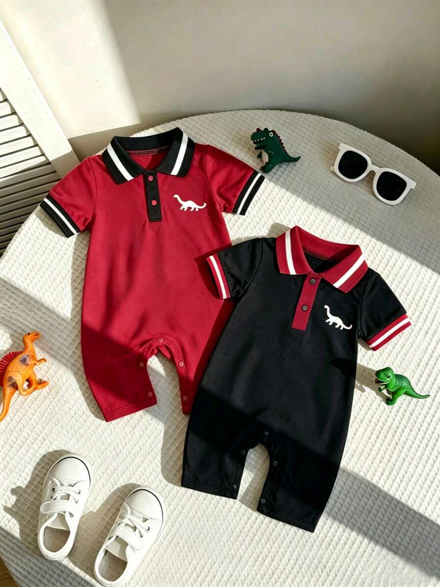 2件套夏季新款男婴POLO领恐龙印花短袖连体衣套装 - 酒紅色 - 查看 1