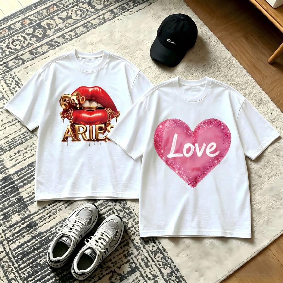 2-Piece Couple Matching Pattern T-Shirt, 100% Cotton, Loose Fit, Soft And Breathable, Casual Round Neck Short Sleeved Top Game Day Football Dog Mascot Versatile Patterns No Picky Combinations Coordinated Dating Casual Travel Simple And Cartoonish Printing Styles High Cost-Effectiveness Couple Lovers - 白色 - 查看 1