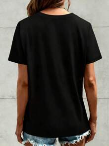 Plus Size Cotton T-Shirt For Women, With Musical Note Print, Short Sleeve, Loose Fit, Casual Top, Round Neck, Basic T-Shirt, Sizes M-5XL, Soft And Breathable Fabric, Shh Graphic Print T-Shirt For Curvy Ladies, Suitable For Spring, Summer And Autumn. - Black - View 2