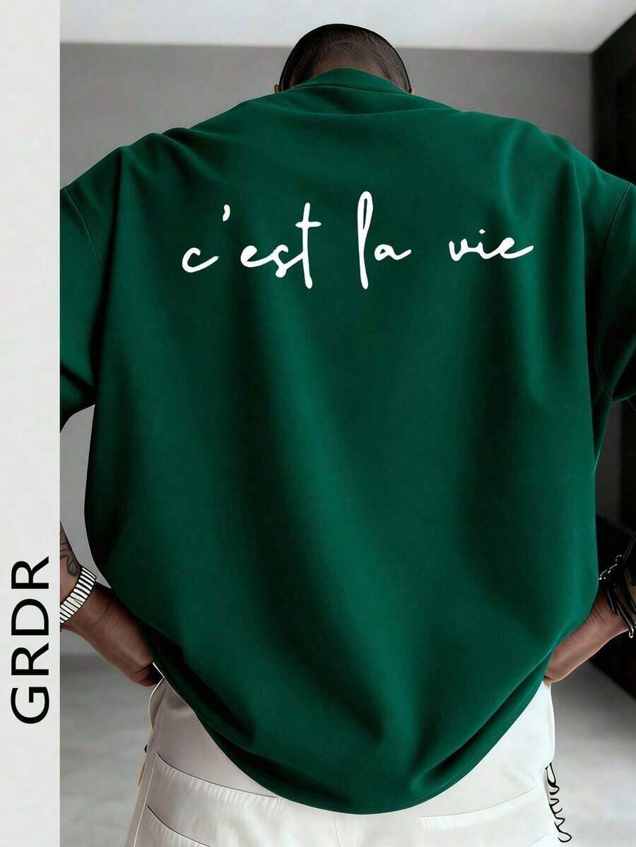 Fashionable Minimalist Slogan Print Short-Sleeved T-Shirt, Comfortable And Breathable, Suitable For Summer, Leading Style. - أخضر داكن - مشاهدة 1