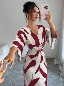 MEXElenzga Vestido midi elegante de moda esencial de otoño para ocasiones como citas, Acción de Gracias y Halloween, con diseño de cuello en V, cintura con efecto de torsión y bajo asimétrico, hecho de tela de seda de leche con estampado digital en color albaricoque, de alta calidad y estiramientoMEX MVO8 - Rojo violeta - Ver 12