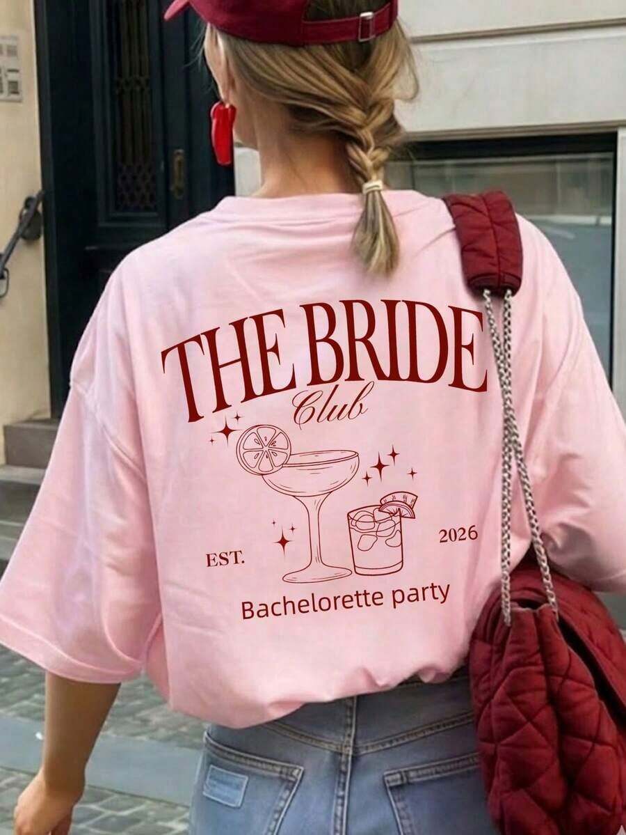 Women's T-Shirt With A Round Neck, Letter Print, And Short Sleeves. Suitable For Summer, The Beach, Street Style, Everyday Wear, Work, Office Parties, Going Out, Carnivals, Music Festivals, Valentine's Day, And Casual Occasions. - 糖果粉 2 - 查看 1