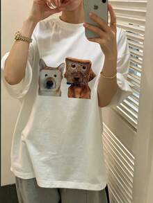 Women's Loose-Fitting Short-Sleeved T-Shirt, Casual, Vintage, Sweet And Modern Style, With Fun Dog Bread Print, Pure Fabric, Y2K Style, Suitable For Frequent Summer Outings, Versatile Top For Casual And Sporty Use. - 白色 - 查看 1