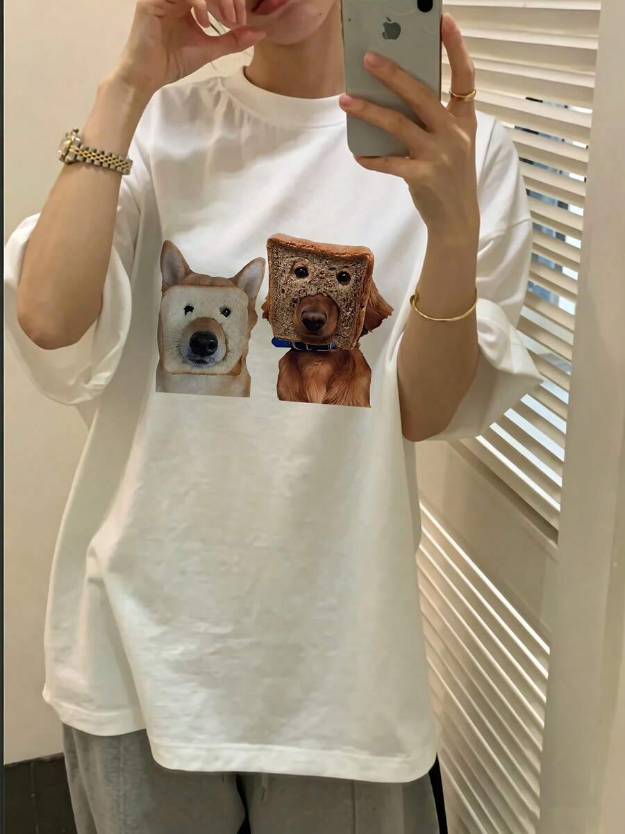 Women's Loose-Fitting Short-Sleeved T-Shirt, Casual, Vintage, Sweet And Modern Style, With Fun Dog Bread Print, Pure Fabric, Y2K Style, Suitable For Frequent Summer Outings, Versatile Top For Casual And Sporty Use. - 白色 - 查看 1
