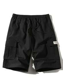 Summer Plus Size Men's Outdoor Loose Street Style Cargo Casual Shorts, Drawstring Elastic Waist Bermuda Shorts - Black - View 2