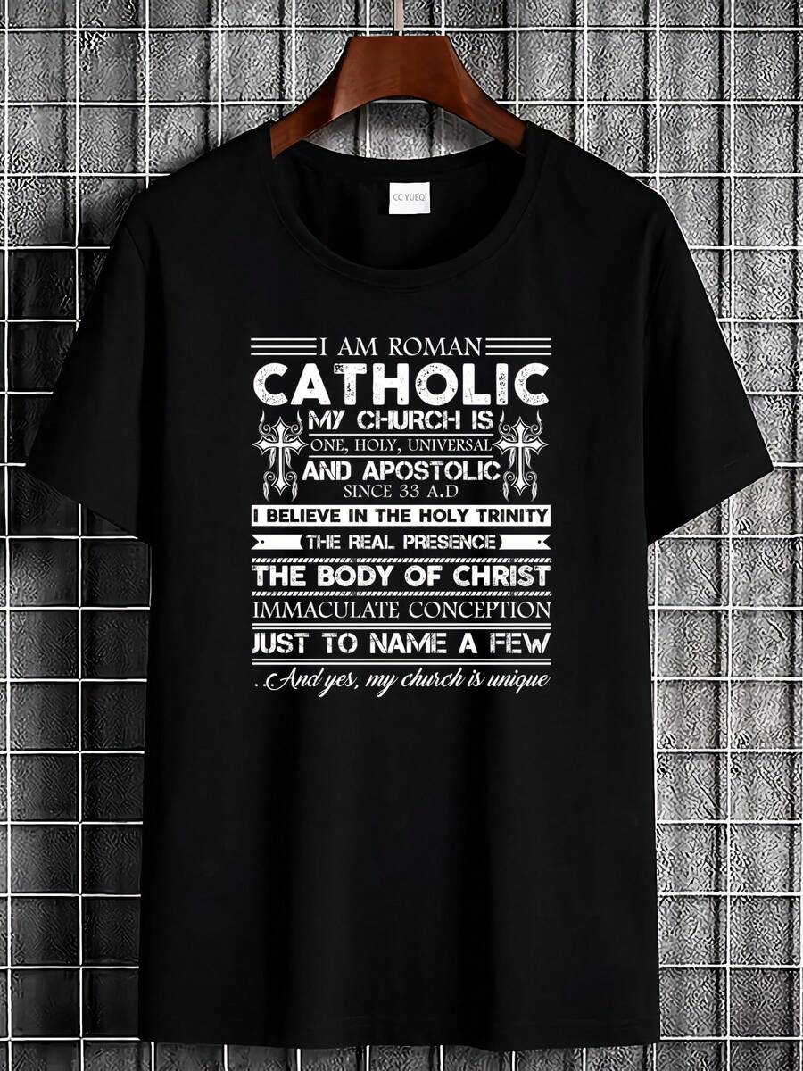 Roman Catholic Faith T-Shirt For Men And Women - Christian Church Clothing With "I Am Catholic And Apostolic" Design, Soft Breathable Fabric, Round Neck Short Sleeve Casual Outfit, One - 黑色 - 查看 1