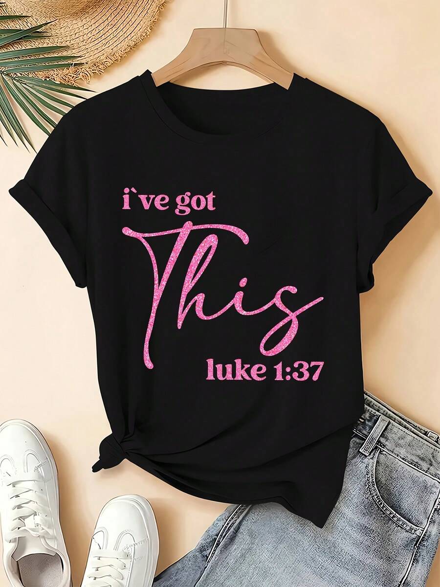 Women's Plus Size Christian Faith T-Shirt - Top Compatible With Short Sleeves And Round Neck With Vintage Verse Print, Suitable For Church, Commuting, Vacation, Casual Wear, Spring, Summer And Autumn Casual T-Shirt - 黑色 - 查看 1