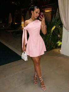 Vestido mini de mujer de línea A con un hombro, cintura con lazo y ajuste elegante, ideal para uso diario, vacaciones, viajes, citas, temporada de bodas, invitada de boda, playa, estilo occidental, nómada, casual, uso en el aeropuerto, brunch, re - Rosa - Ver 3