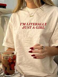 Women's Casual Summer T-Shirt, Round Neck, Short Sleeve, With Red Letter Print, In White. Round Neck 100% Cotton Soft Fabric Short Sleeve Breathable And Cool 100% Cotton - 杏 - 查看 7