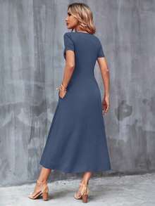 Vestido unicolor con bolsillo oculto escote V - Niebla azul - Ver 2