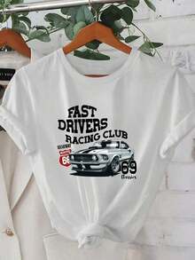 1 Piece Women's Summer Short Sleeve T-Shirt | Classic Racing Car Print With 2D Geometric Design, Classic 69 Design | Urban Casual Style | Youthful Design | Comfortable Fit, Cute Short Sleeve T-Shirt. - 白色 - 查看 7