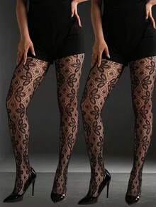 GNIM HL 1/2 paires de collants résille à motif floral vintage pour femmes. Collants transparents sexy à taille haute pour femmes, idéaux pour la boîte de nuit - Noir - Voir 11