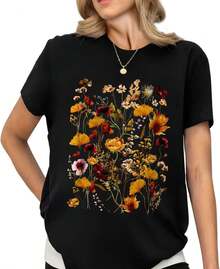 1 Piece Casual Fashion For Men And Women Vintage Boho Floral Flower Print T-Shirt Graphic Short Sleeve T-Shirt Versatile, Easy To Match, Suitable For Daily Wear, Street Style, Holiday Outfits, Weekend Outfits. - 黑五 - 查看 5