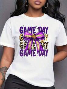 Women's Game Day Football Shirt With Bow, Purple And Gold Leopard Print Design, Perfect For Game Day Celebrations And Sporting Events, 220g Loose Fit, Casual And Versatile - 白色的 - 查看 7