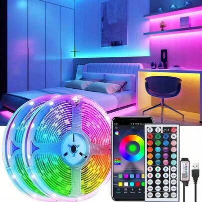 أضواء شريط LED RGB قابلة للتحكم عبر التطبيق، متزامنة مع الموسيقى، قابلة للتعتيم، مرنة للاستخدام في المنزل والحفلات والمطبخ وغرفة النوم