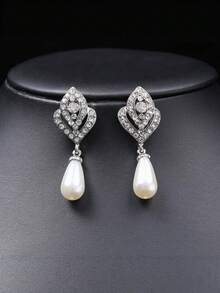 Bộ 1 dây chuyền và bông tai ngọc trai, trang sức phong cách Bohemian sang trọng kiểu Pháp dành cho mùa cưới, thích hợp cho nữ. - trắng - Xem 4