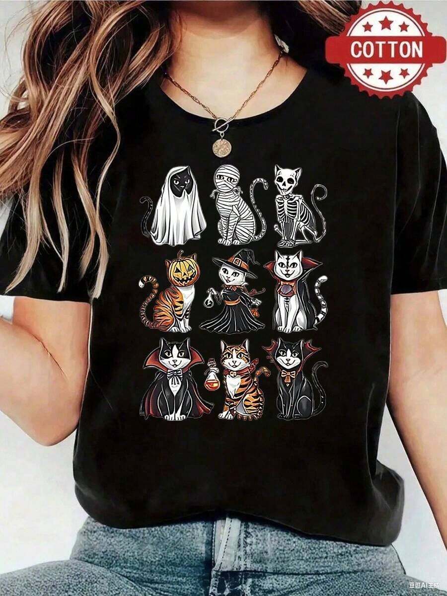 1pieza Blusas de mujer hermosas Blusas para mujeres Ropa de mujer Conjuntos para mujeres Camiseta de gato de Halloween 180G Blanca y negra con patrón de fantasma, vampiro y calabaza de alta calidad Impresión redonda Cuello básico holgado y transpirable Versátil Lavable en máquina Cómodo Talla S ~ 3XL Esencial diaria para deportes y verano. Blusas Hermosas 100% Algodón - Negro - Ver 1