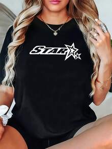 Size - Women's Casual T-Shirt With Ribbed Crew Neck And Short Sleeves - 100% Cotton, Graphic Letter Print, Regular Fit, All-Season Comfort, Versatile For Home, Leisure, Unpadded, Sizes S-3XL - 黑色 - 查看 7
