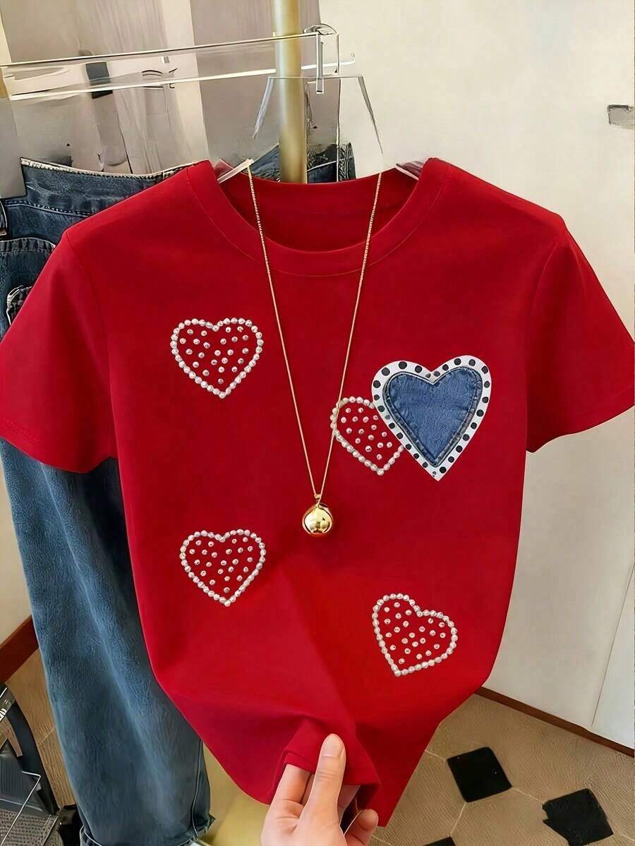 Loose Fit T-Shirt [With Simulated 2D Print], Casual Short Sleeve T-Shirt, Regular Fit, Machine Washable, Essential For Spring And Summer, Soft And Comfortable, Women's T-Shirt With Simulated Cartoon Pearl Heart Print. - 紅色 - 查看 1