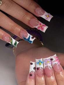 24pcs Long Coffin Shaped 3D Gel Nail Stickers, Includes Hibiscus Flower & Ladybug Patterns, Suitable For Short Nails, Comes With Double-Sided Tape 1pc & Nail File 1pc - Multicolor - View 3