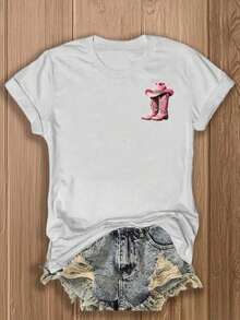 Women's Double-Sided Cotton T-Shirt With Colorful Print, Western Style, Featuring Cowboy Boots And Hat, Funny Slogan Tee, Perfect For Country Music Fans,  Casual Top For Summer, New Arrival. - 白色 - 查看 2